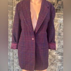 Leslie Fay Wool Blend Burgundy Plaid Longline Blazer Jacket Size 8
